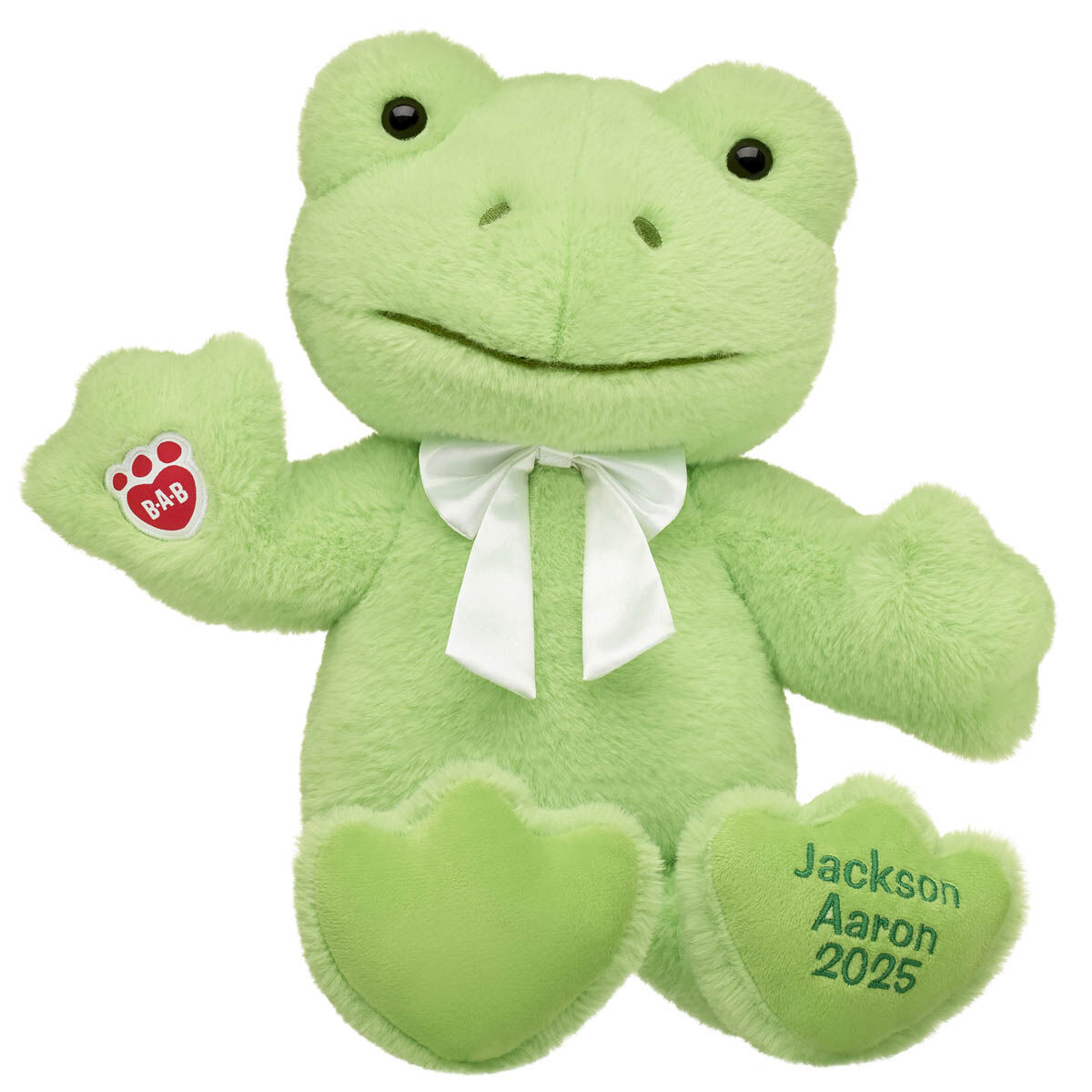 Personalized Embroidered Spring Green Frog Stuffed Animal With White Gifting Bow